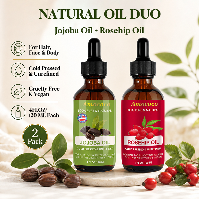 Face Oil Rosehip - アモココ 2個入り ホホバオイルとローズヒップオイル 天然フェイスオイル 肌と髪用 コールドプレスボディオイル